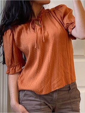 Draper James Burnt Orange Tie-Neck Puff Sleeve Blouse